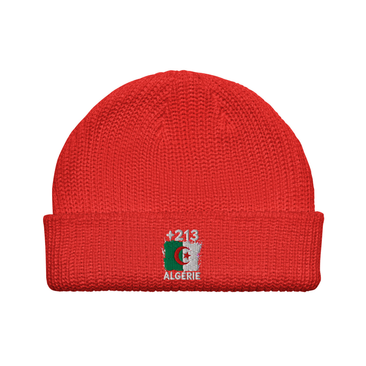 Bonnet Algérie +213 rouge vue de face, drapeau algérien brodé - Indicatif Fier
