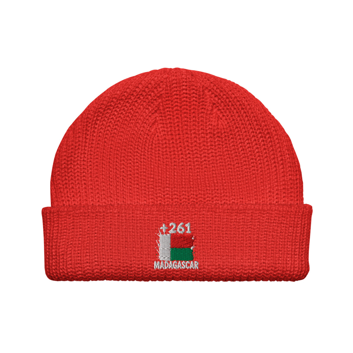 Bonnet Madagascar +261 rouge vue de face, drapeau malgache brodé - Indicatif Fier