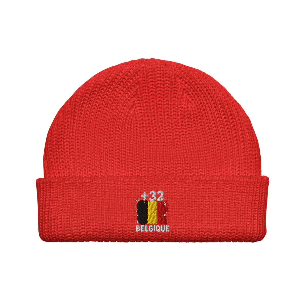 Bonnet Belgique +32 rouge vue de face, drapeau belge brodé - Indicatif Fier