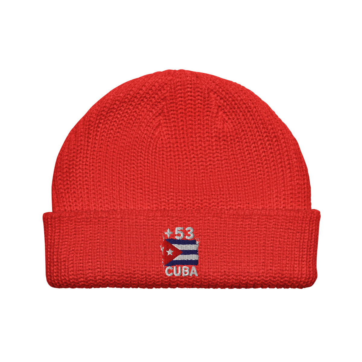 Bonnet Cuba +53 rouge vue de face, drapeau cubain brodé - Indicatif Fier