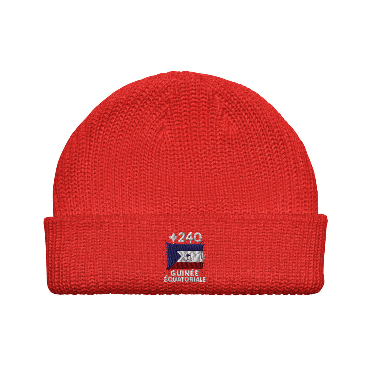 Bonnet Guinée Équatoriale +240 rouge vue de face, drapeau équato-guinéen brodé - Indicatif Fier