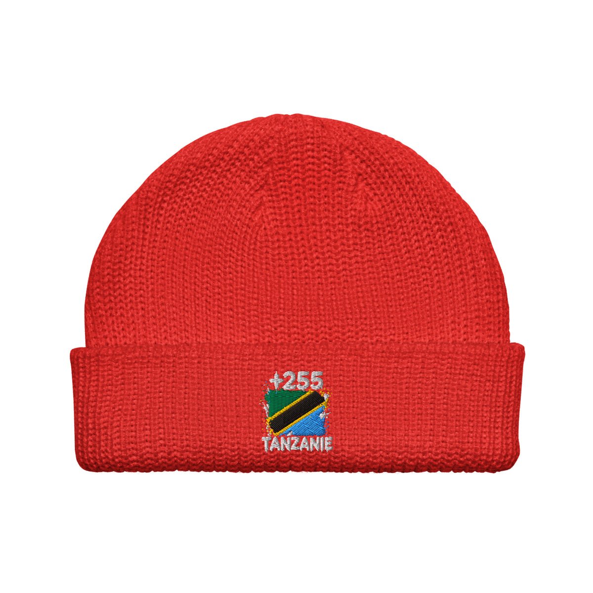 Bonnet Tanzanie +255 rouge vue de face, drapeau tanzanien brodé - Indicatif Fier
