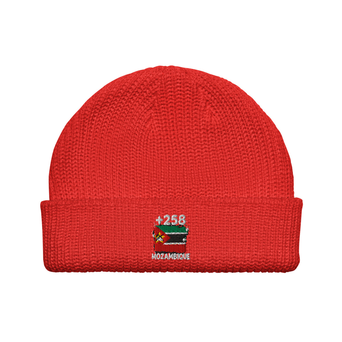 Bonnet Mozambique +258 rouge vue de face, drapeau mozambicain brodé - Indicatif Fier