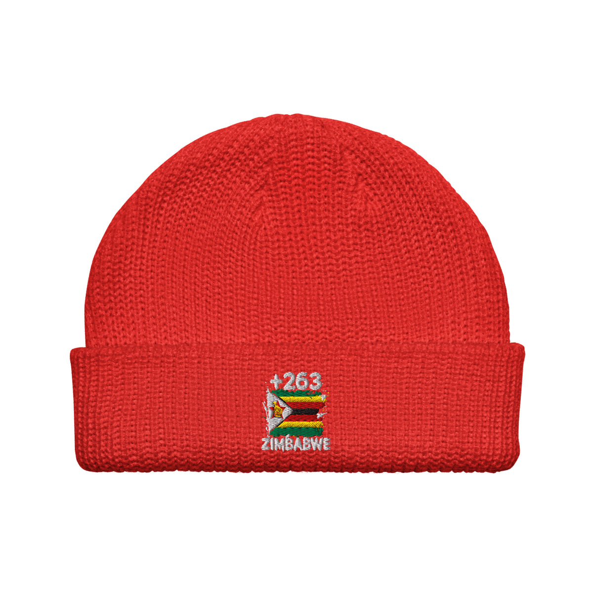 Bonnet Zimbabwe +263 rouge vue de face, drapeau zimbabwéen brodé - Indicatif Fier