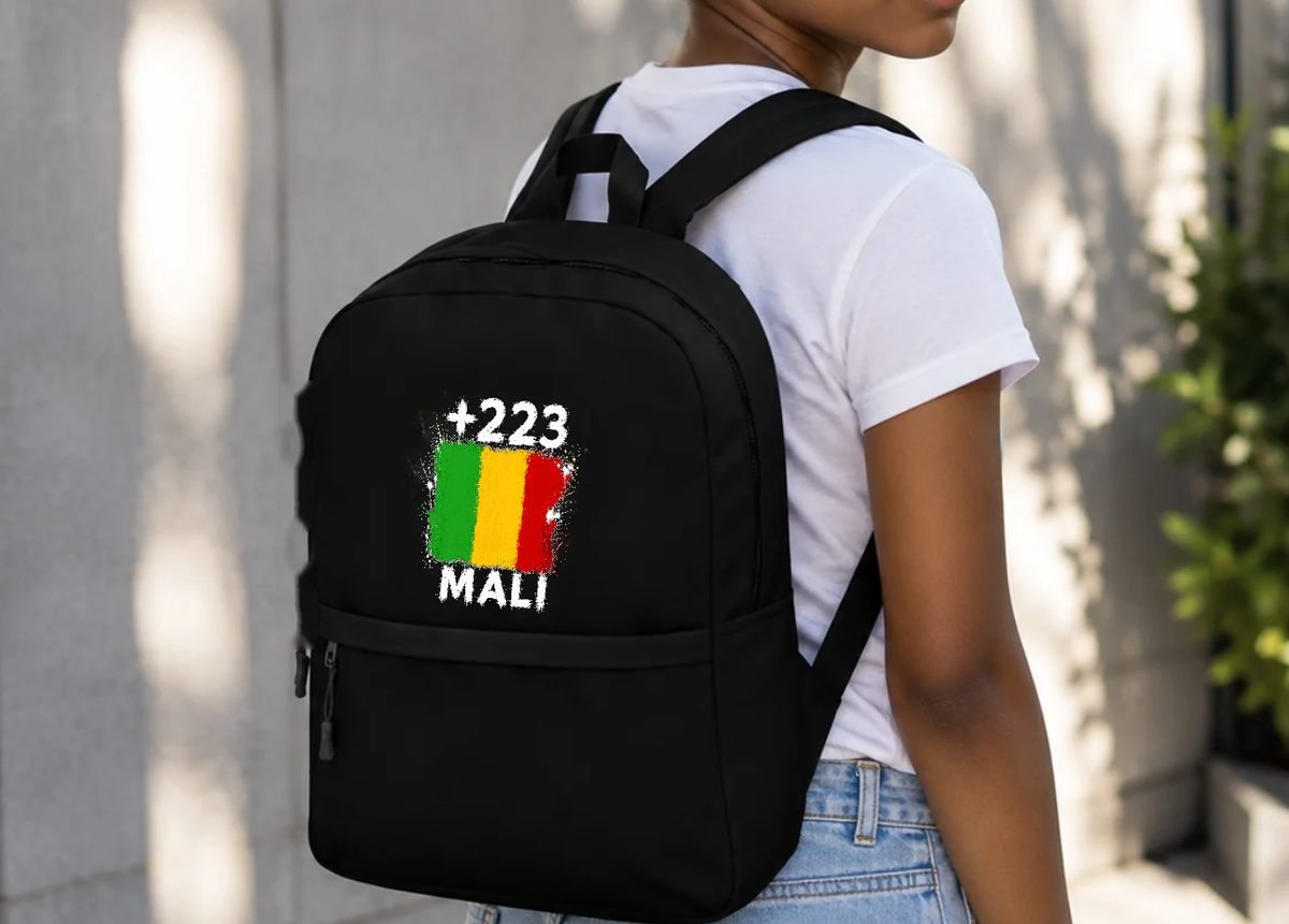 Sac à Dos Mali +223 - Noir avec drapeau floqué effet éclaboussure de peinture - vue de face - Indicatif Fier