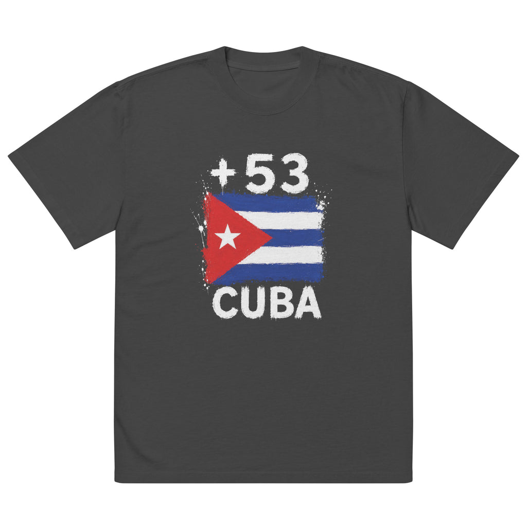 T-shirt oversize gris foncé Cuba +53 avec drapeau cubain floqué effet éclaboussure de peinture - Indicatif Fier