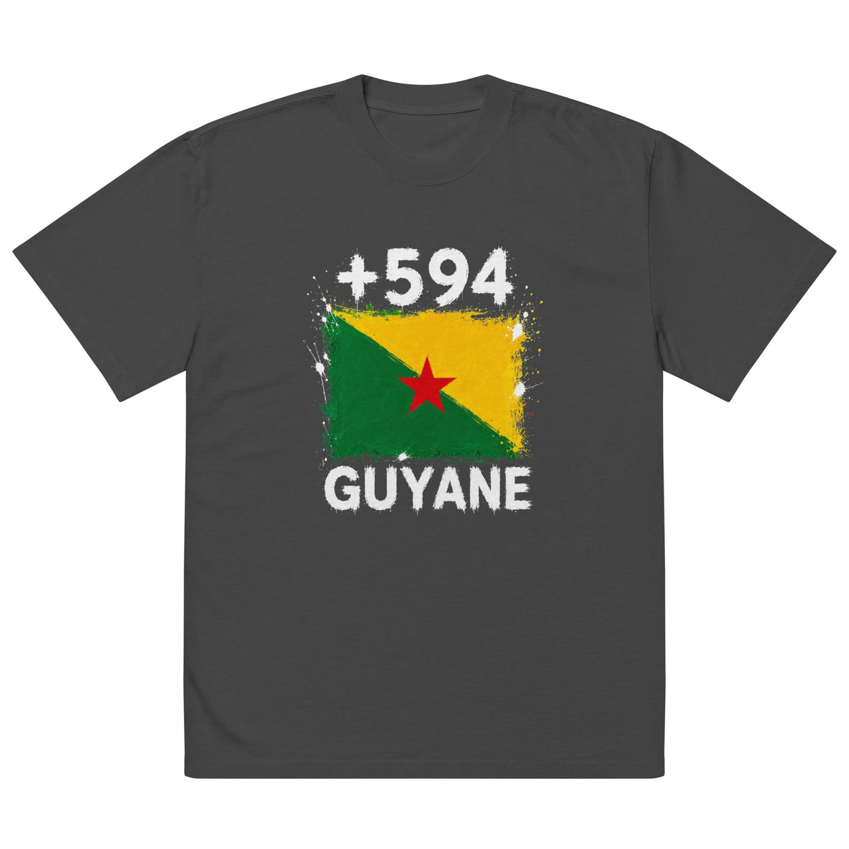 T-shirt oversize noir Guyane +594 avec drapeau guyanais floqué effet éclaboussure de peinture - Indicatif Fier