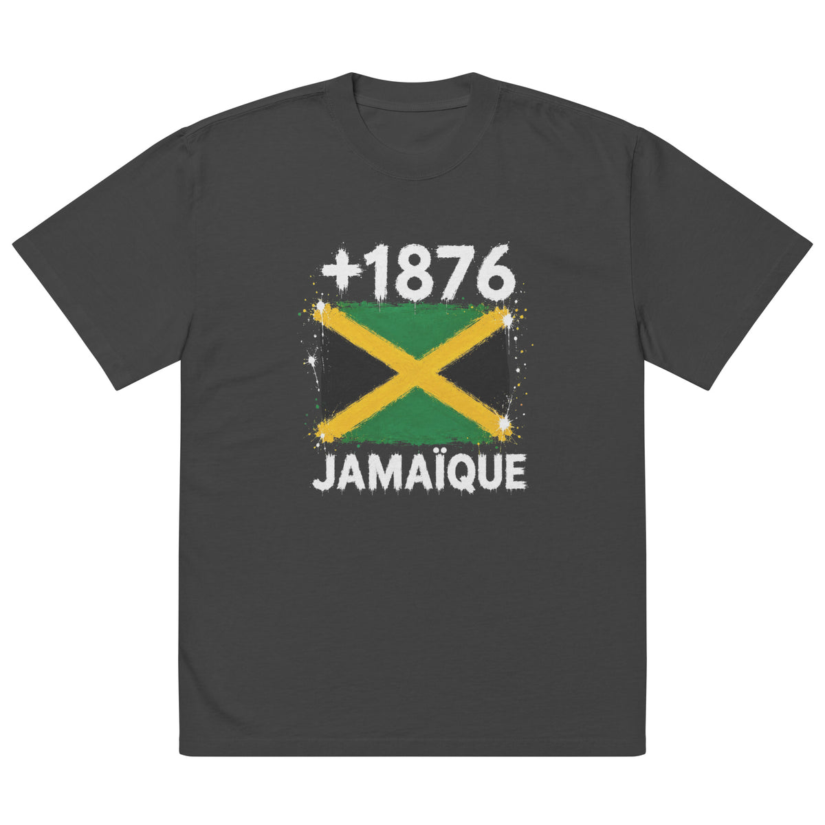 T-shirt Oversize noir délavé Jamaïque +1876 avec drapeau jamaïcain floqué effet éclaboussure de peinture - vue de face - Indicatif Fier
