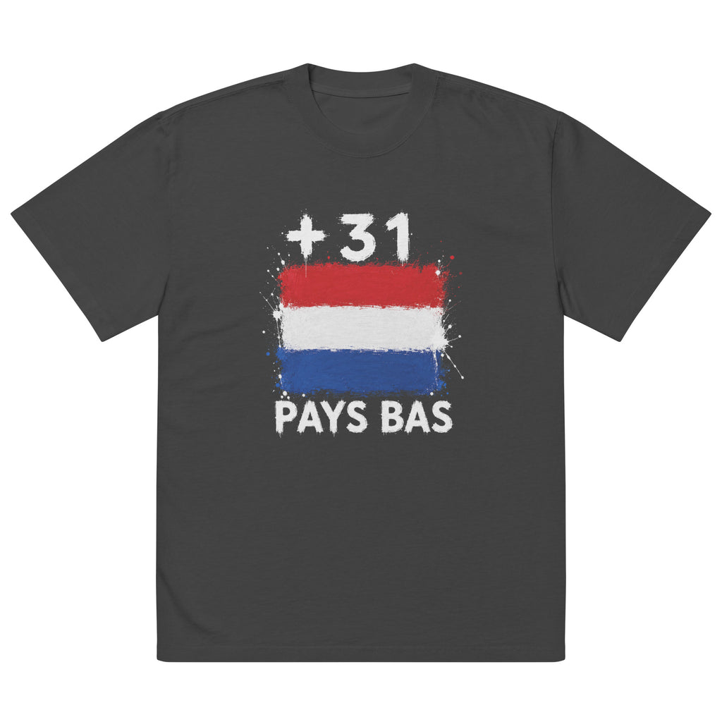 T-shirt oversize gris délavé Pays Bas +31 avec drapeau néerlandais floqué effet éclaboussure de peinture - vue de face - Indicatif Fier