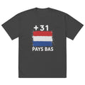 T-shirt oversize gris délavé Pays Bas +31 avec drapeau néerlandais floqué effet éclaboussure de peinture - vue de face - Indicatif Fier