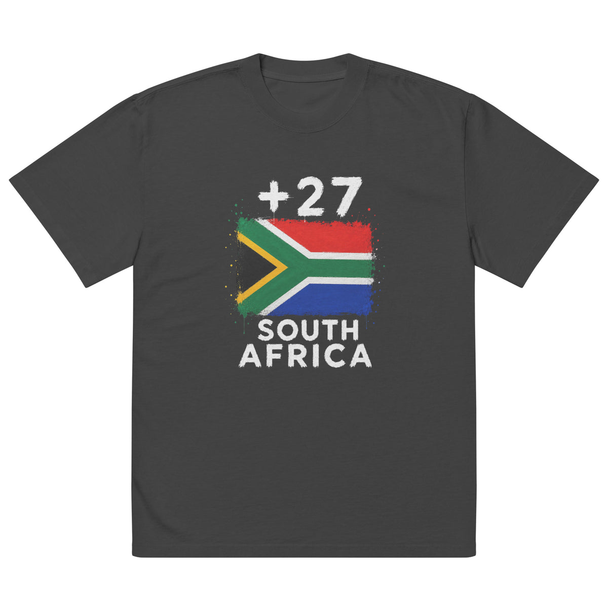 T-shirt oversize Afrique du Sud +27 noir, vue de face, drapeau sud-africain floqué sur coton noir