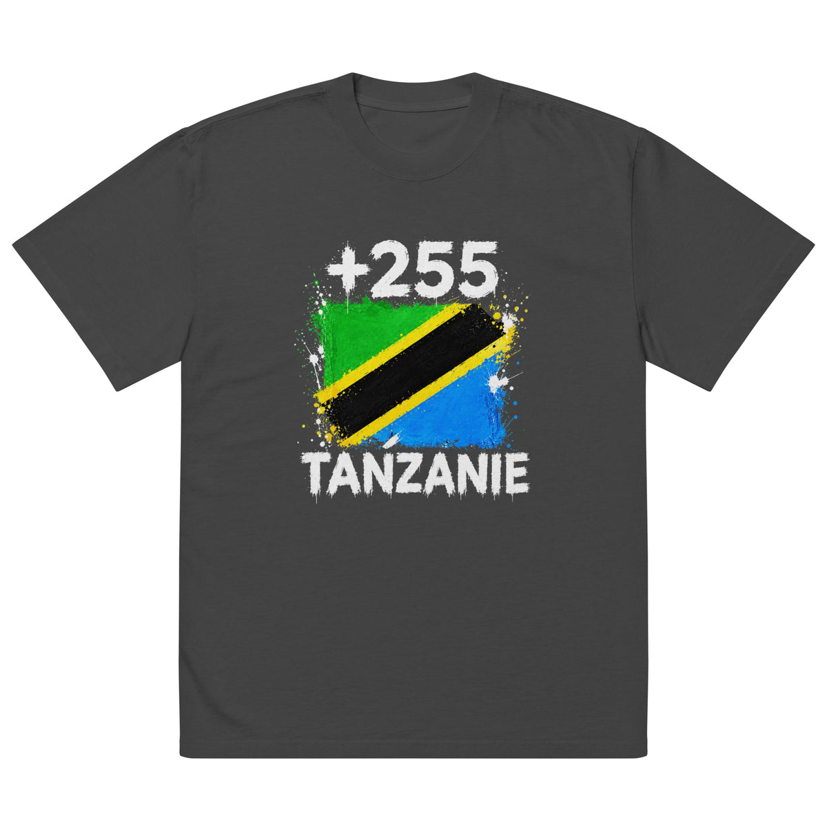 T-shirt Oversize Tanzanie +255 noir vue de face, sérigraphie drapeau tanzanien