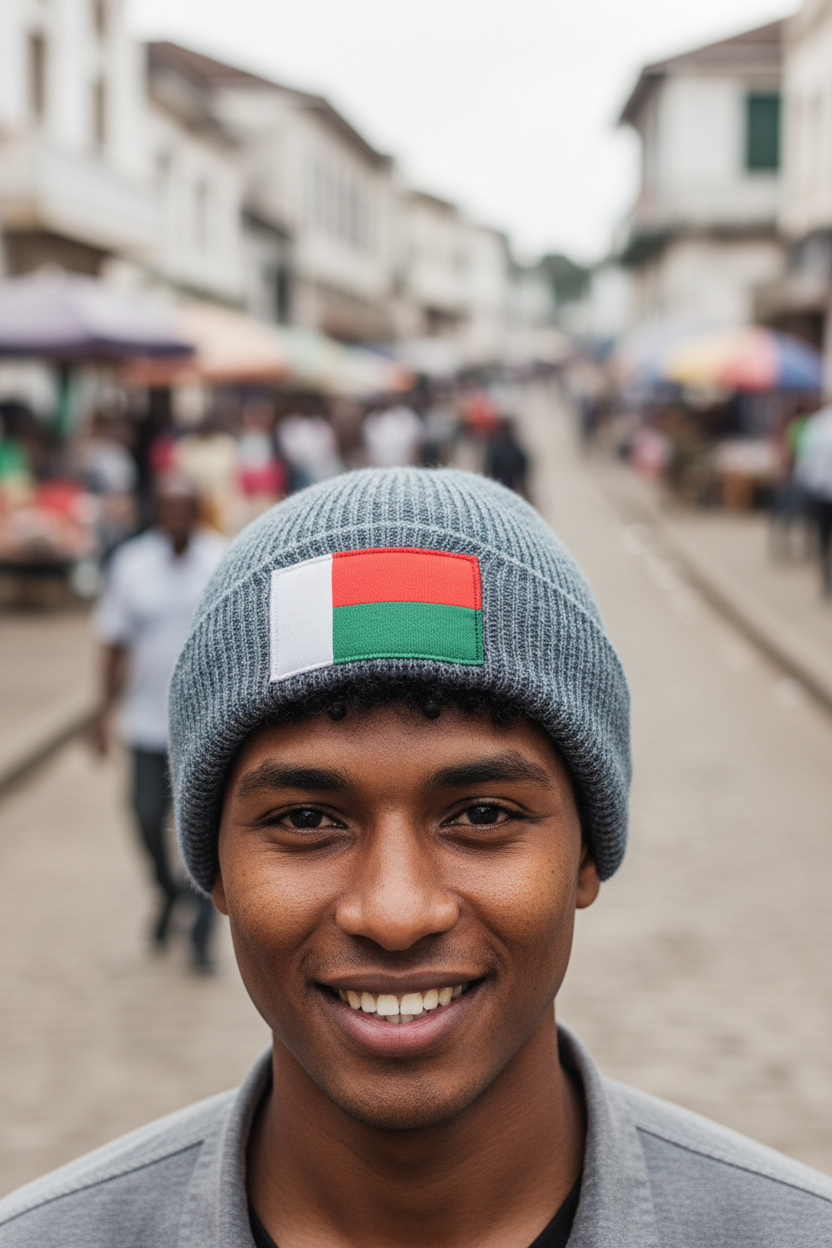 Bonnet Madagascar +261 noir porté par un homme, drapeau malgache brodé - Indicatif Fier