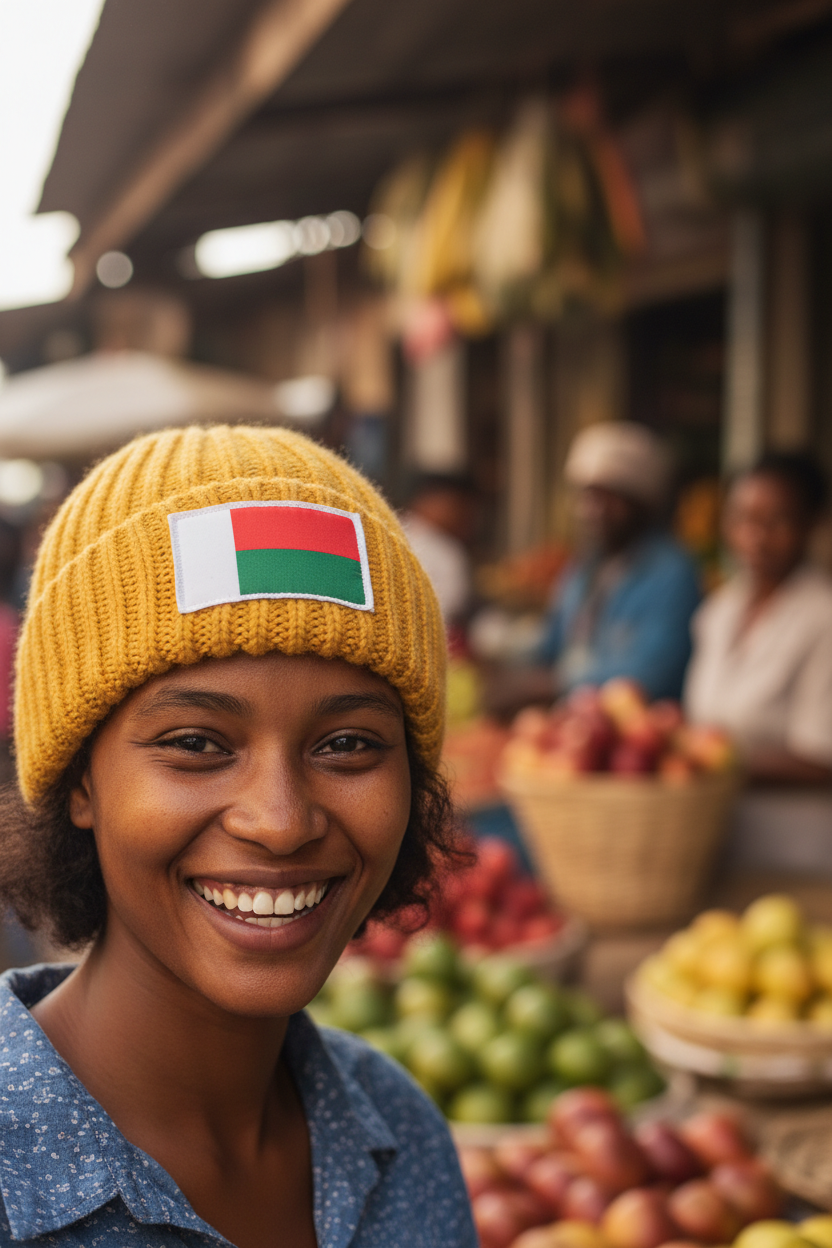 Bonnet Madagascar +261 noir porté par une femme, drapeau malgache brodé - Indicatif Fier