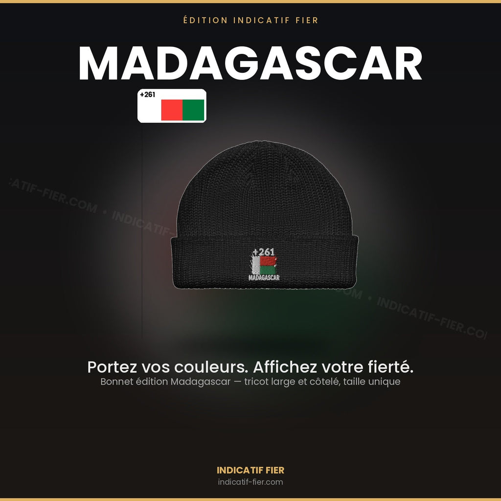 Bonnet Madagascar +261 noir, drapeau malgache brodé - visuel produit - Indicatif Fier