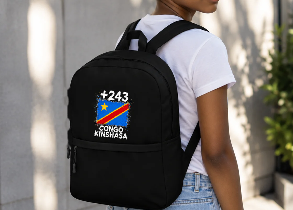 Sac à Dos RDC +243 - Noir avec drapeau floqué effet éclaboussure de peinture - vue détaillée - Indicatif Fier