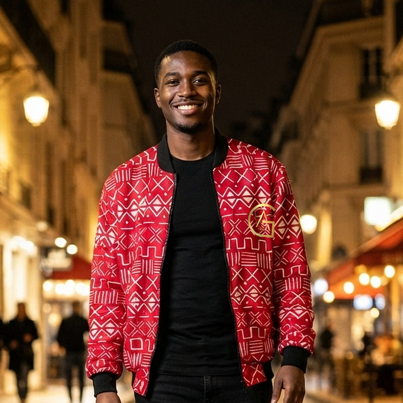 Blouson bomber — Bogolan rouge & blanc - vue de face - African Generation