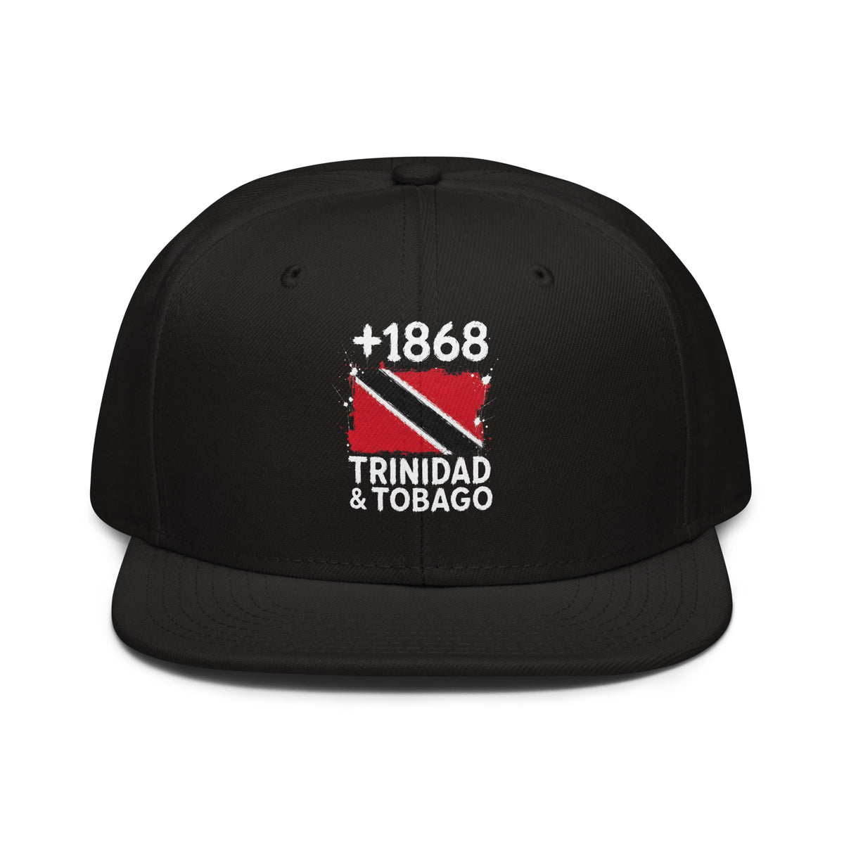 Snapback noire Trinidad & Tobago +1868 avec drapeau trinidadien floqué effet éclaboussure de peinture - vue de face - Indicatif Fier
