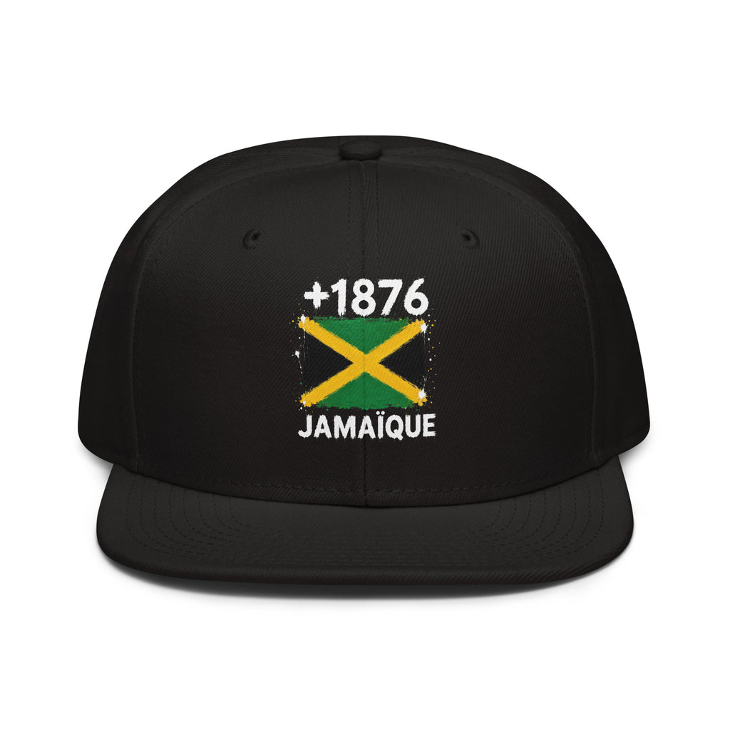 Snapback noire Jamaïque +1876 avec drapeau jamaïcain floqué effet éclaboussure de peinture - vue de face - Indicatif Fier