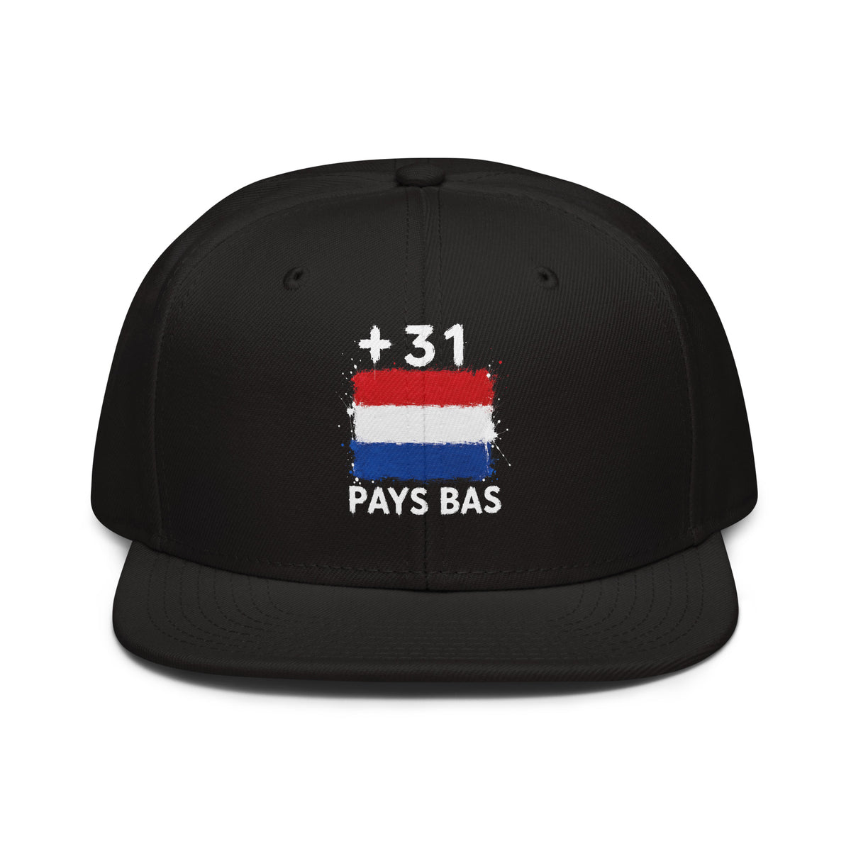 Snapback noire Pays Bas +31 avec drapeau néerlandais floqué effet éclaboussure de peinture - vue de face - Indicatif Fier