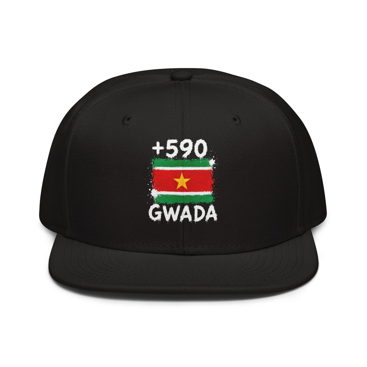 Snapback Guadeloupe +590 - Noir avec drapeau floqué effet éclaboussure de peinture - vue de face - Indicatif Fier