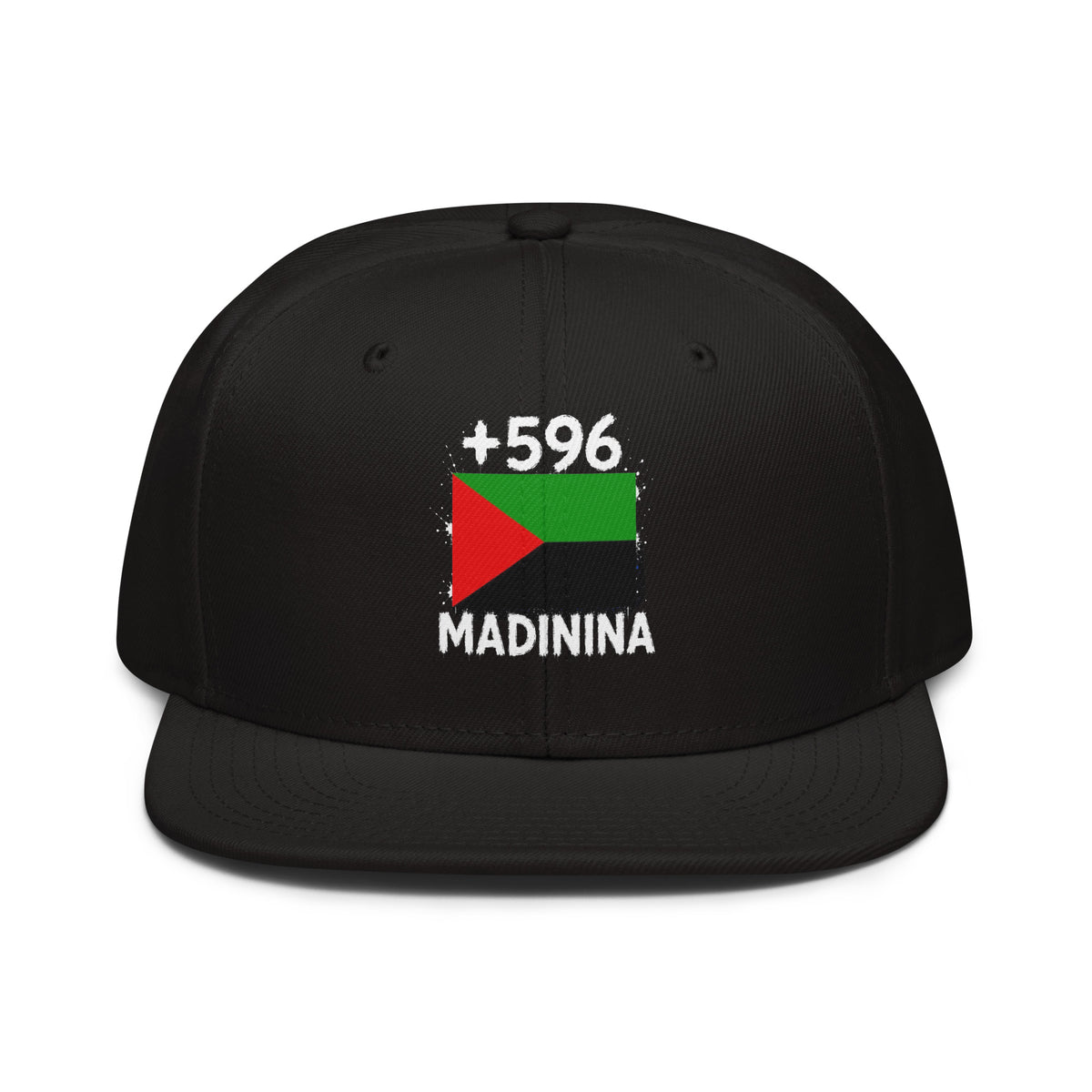 Snapback Martinique +596 - Noir avec drapeau floqué effet éclaboussure de peinture - vue de face - Indicatif Fier