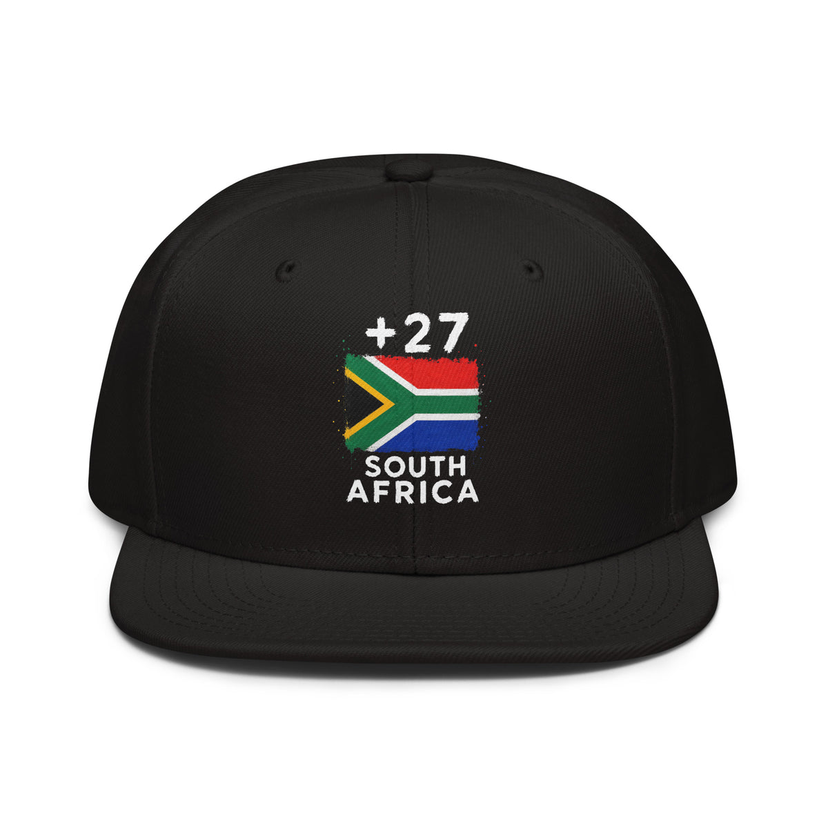 Snapback Afrique du Sud +27 noir vue de face avec broderie drapeau sud-africain