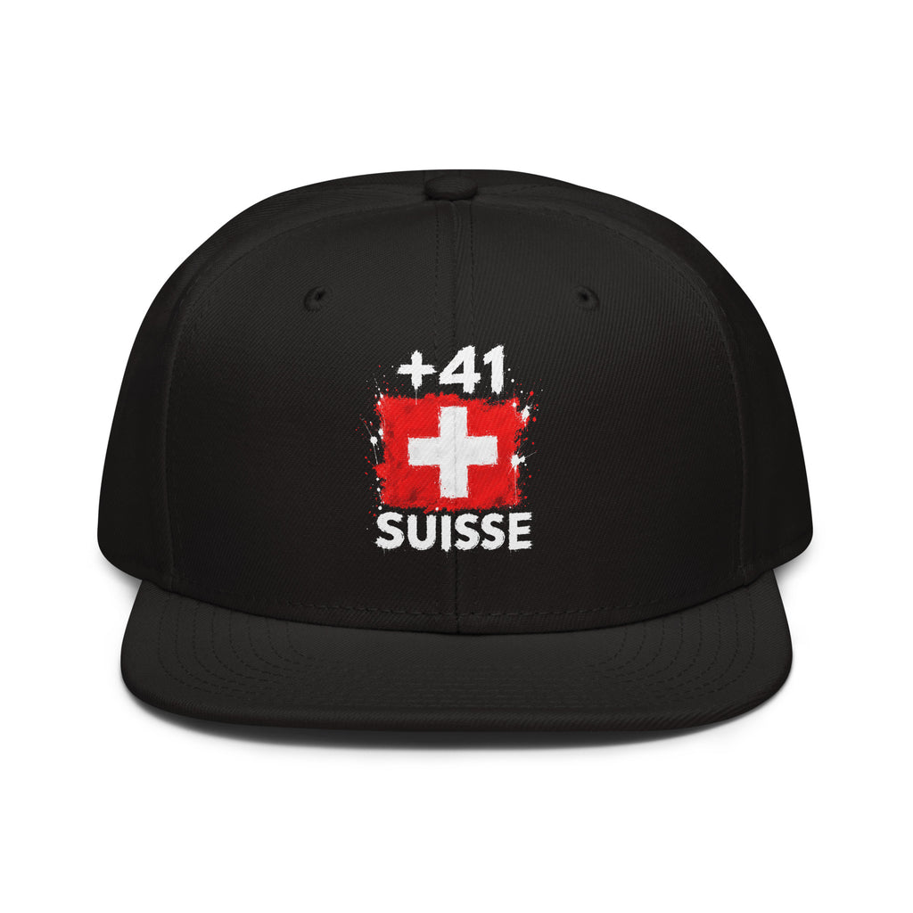 Snapback Suisse +41 - Noir vue de face, design drapeau suisse imprimé