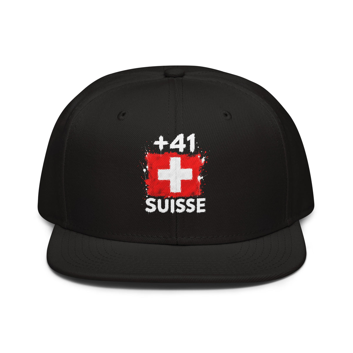 Snapback Suisse +41 - Noir vue de face, design drapeau suisse imprimé