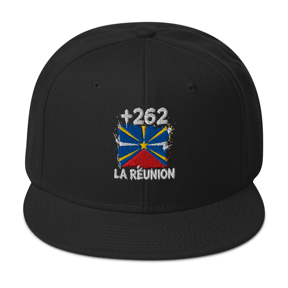 Snapback La Réunion +262 vue de face, design brodé drapeau réunionnais