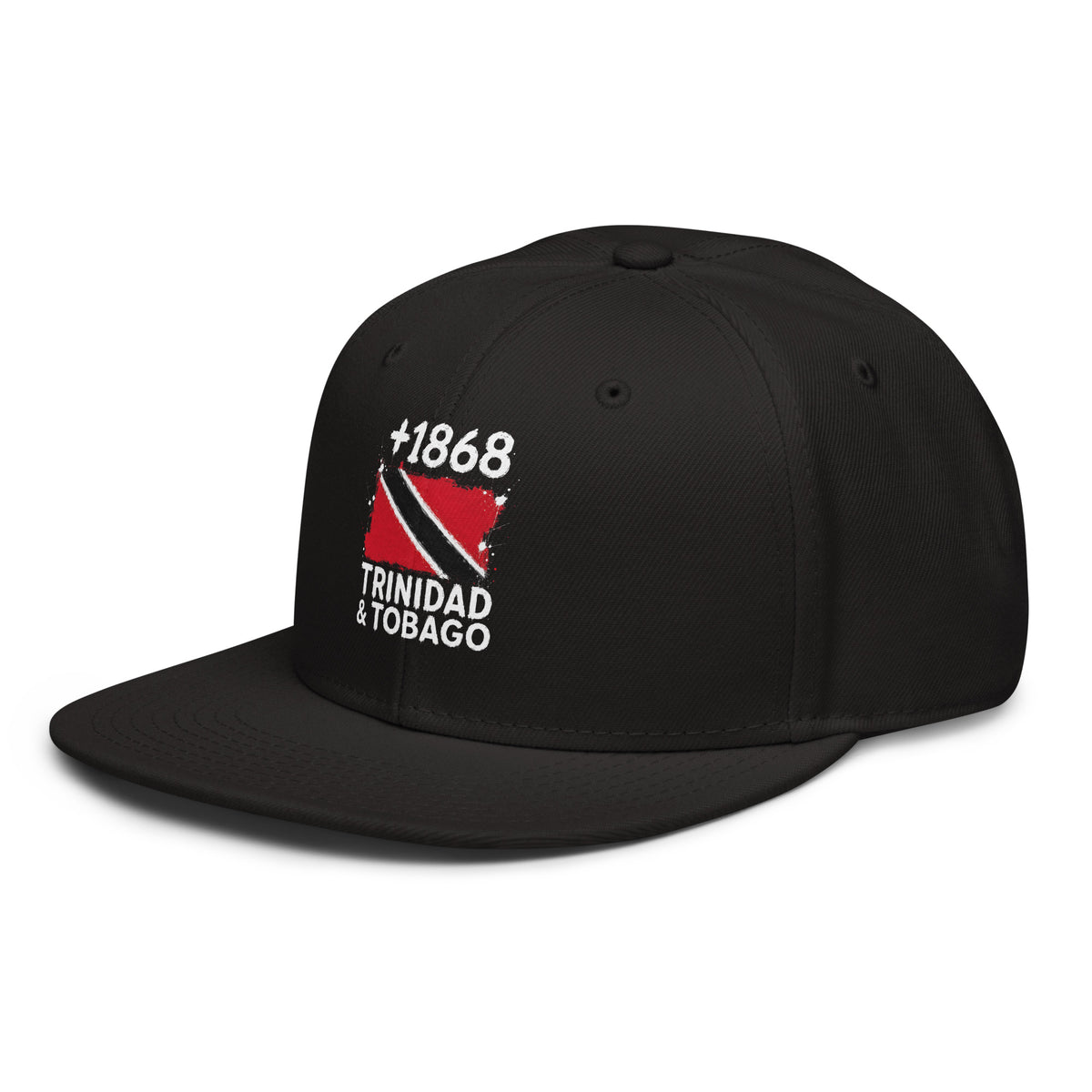 Snapback noire Trinidad & Tobago +1868 avec drapeau trinidadien floqué effet éclaboussure de peinture - vue de profil - Indicatif Fier