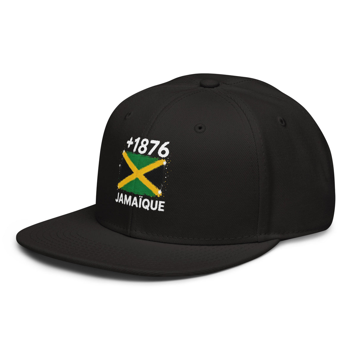 Snapback noire Jamaïque +1876 avec drapeau jamaïcain floqué effet éclaboussure de peinture - vue de profil gauche - Indicatif Fier