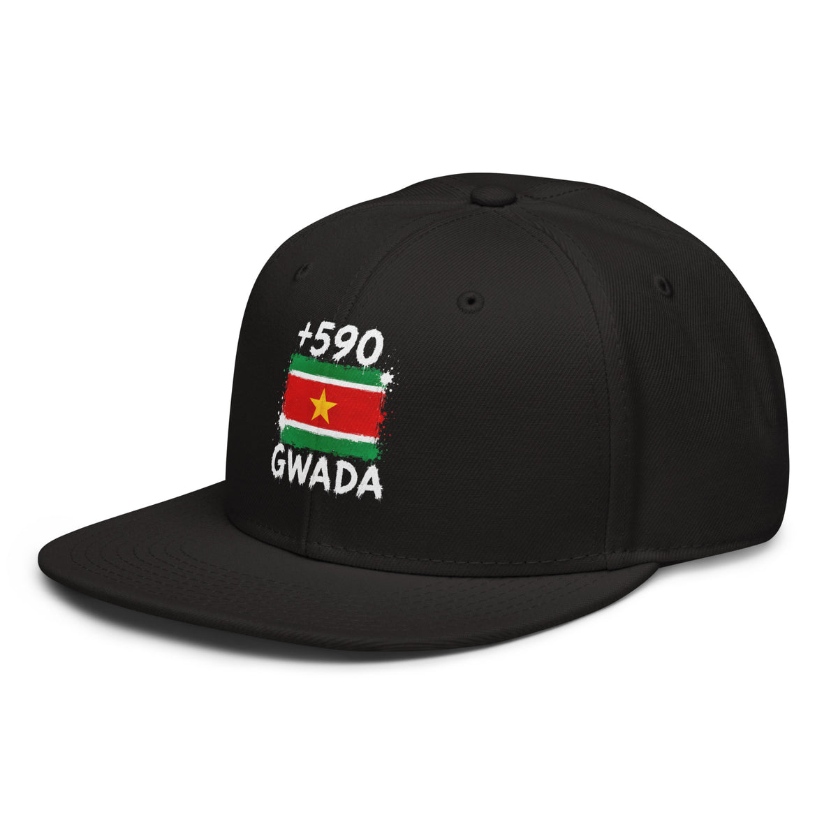 Snapback Guadeloupe +590 - Noir avec drapeau floqué effet éclaboussure de peinture - vue de trois-quarts gauche - Indicatif Fier