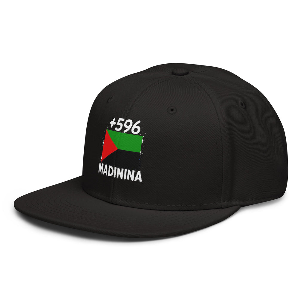 Snapback Martinique +596 - Noir avec drapeau floqué effet éclaboussure de peinture - vue de trois-quarts gauche - Indicatif Fier