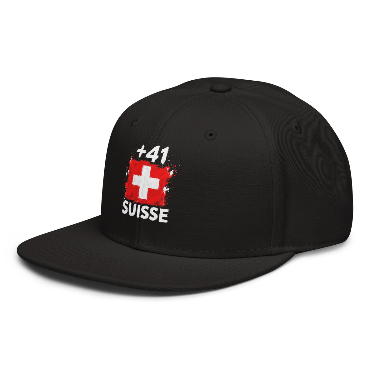 Snapback Suisse +41 - Noir avec drapeau floqué effet éclaboussure de peinture - vue de trois-quarts gauche - Indicatif Fier