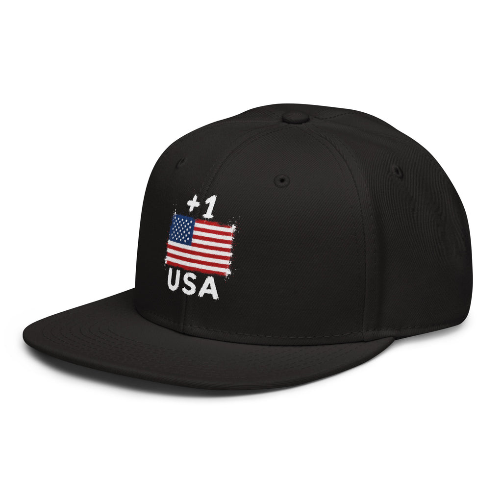 Snapback USA +1 avec drapeau floqué effet éclaboussure de peinture - vue de trois-quarts gauche - Indicatif Fier