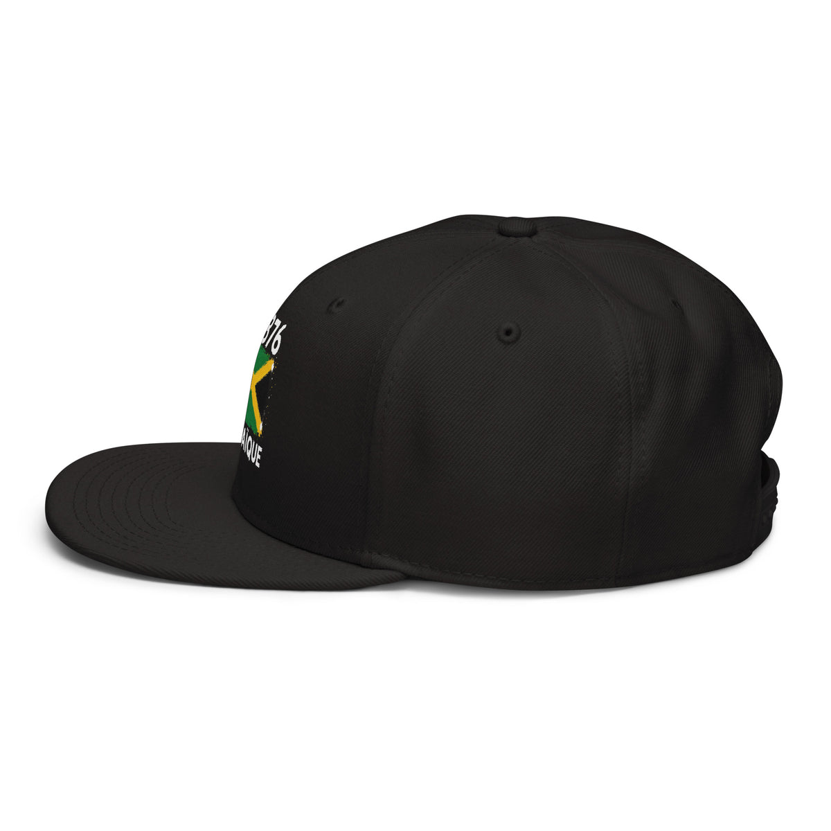 Snapback noire Jamaïque +1876 avec drapeau jamaïcain floqué effet éclaboussure de peinture - zoom côté gauche - Indicatif Fier