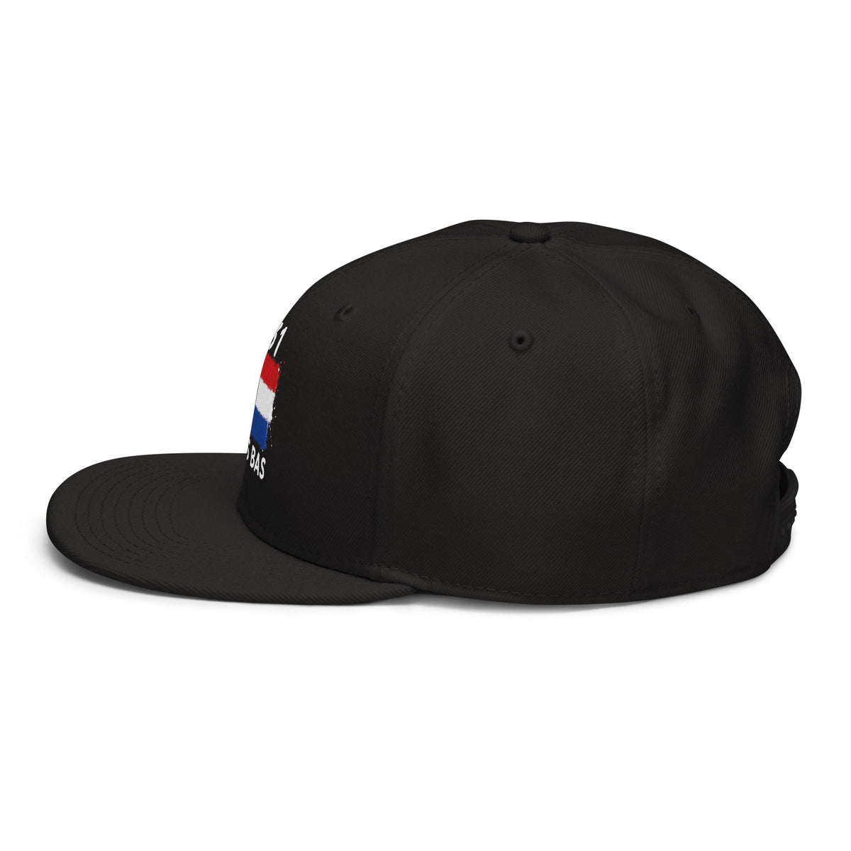 Snapback noire Pays Bas +31 avec drapeau néerlandais floqué - zoom côté gauche - Indicatif Fier