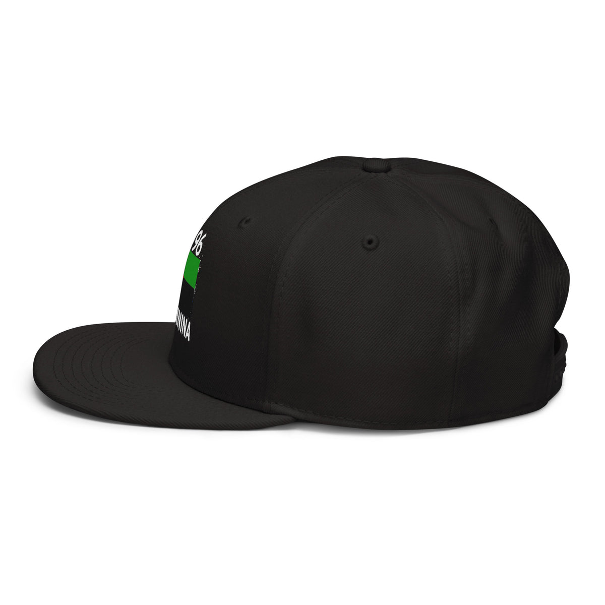 Snapback Martinique +596 - Noir avec drapeau floqué effet éclaboussure de peinture - vue de profil gauche - Indicatif Fier