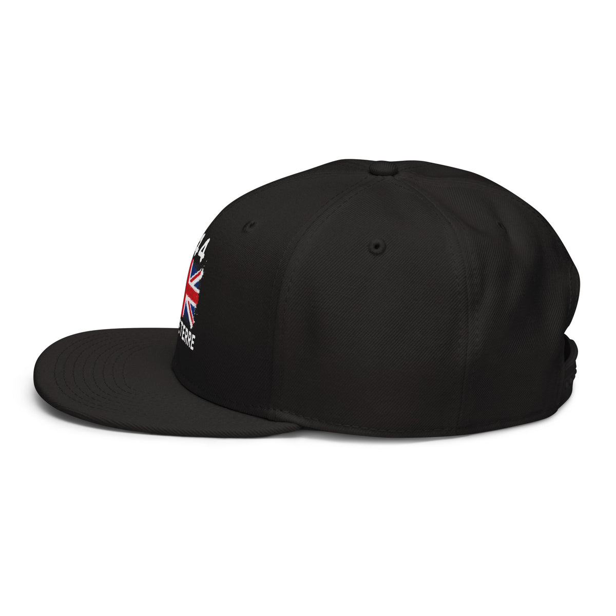 Snapback Angleterre +44 avec drapeau floqué effet éclaboussure de peinture - vue de profil gauche - Indicatif Fier