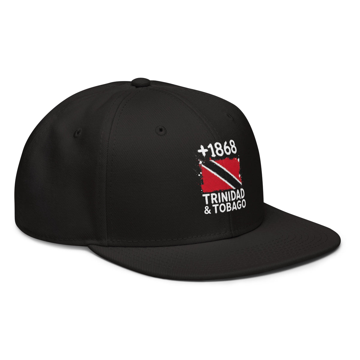 Snapback noire Trinidad & Tobago +1868 avec drapeau trinidadien floqué effet éclaboussure de peinture - vue de profil droit - Indicatif Fier