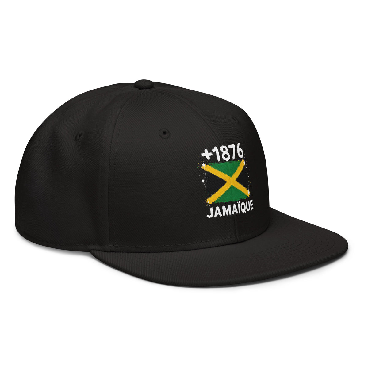 Snapback noire Jamaïque +1876 avec drapeau jamaïcain floqué effet éclaboussure de peinture - vue de profil droit - Indicatif Fier