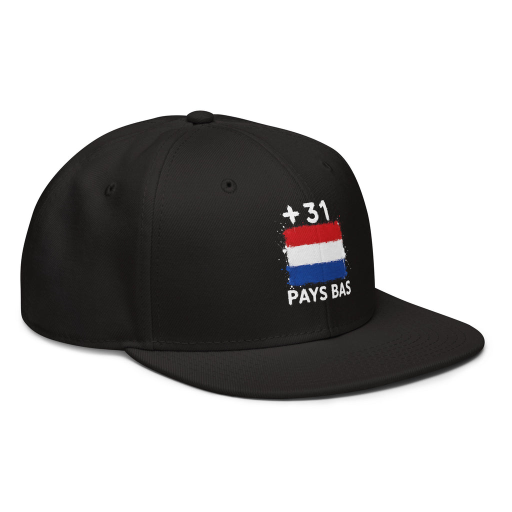 Snapback noire Pays Bas +31 avec drapeau néerlandais floqué - vue de profil droit - Indicatif Fier