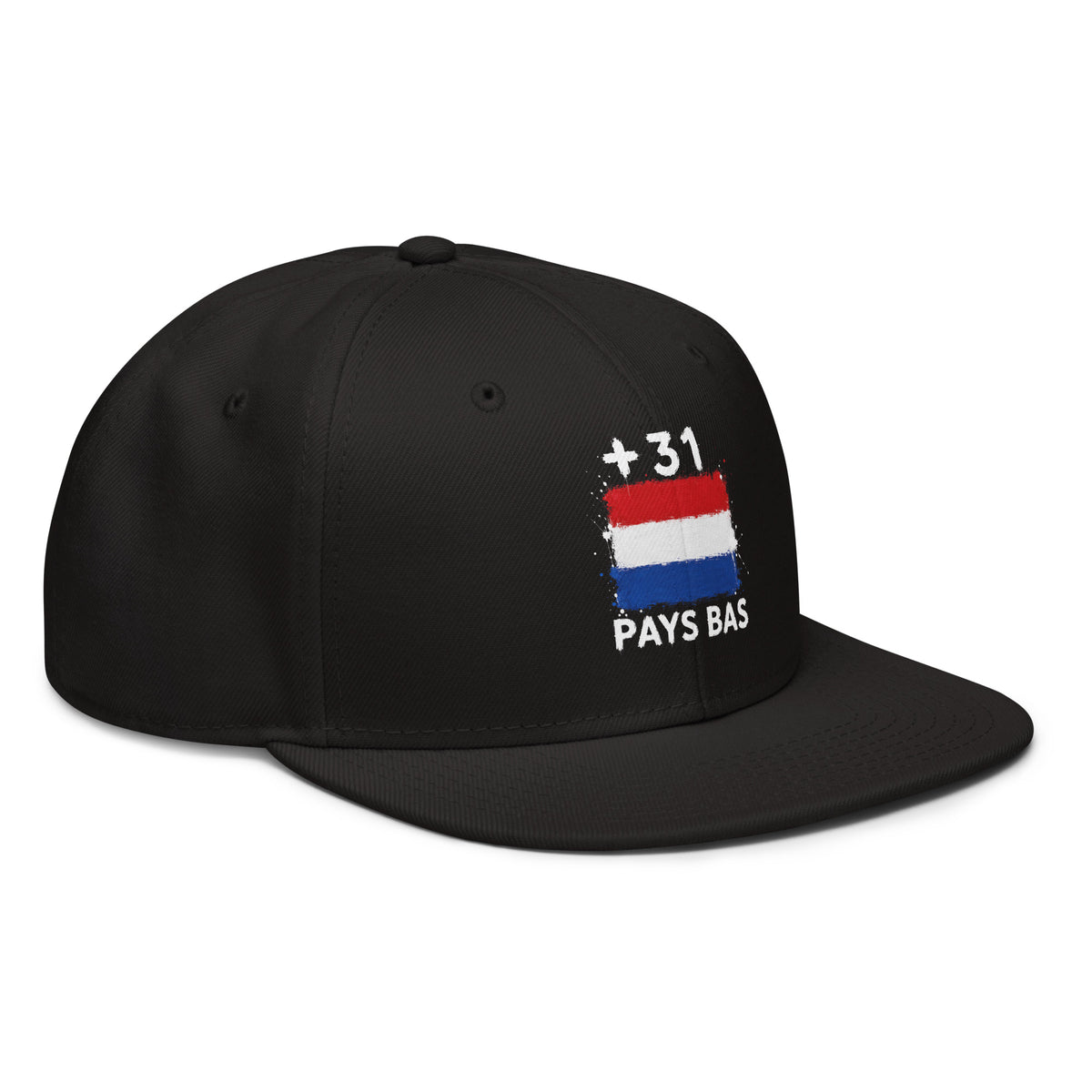 Snapback noire Pays Bas +31 avec drapeau néerlandais floqué - vue de profil droit - Indicatif Fier
