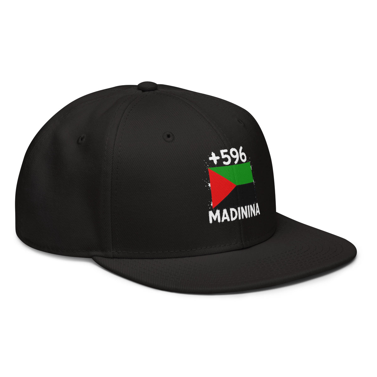 Snapback Martinique +596 - Noir avec drapeau floqué effet éclaboussure de peinture - vue de trois-quarts droit - Indicatif Fier