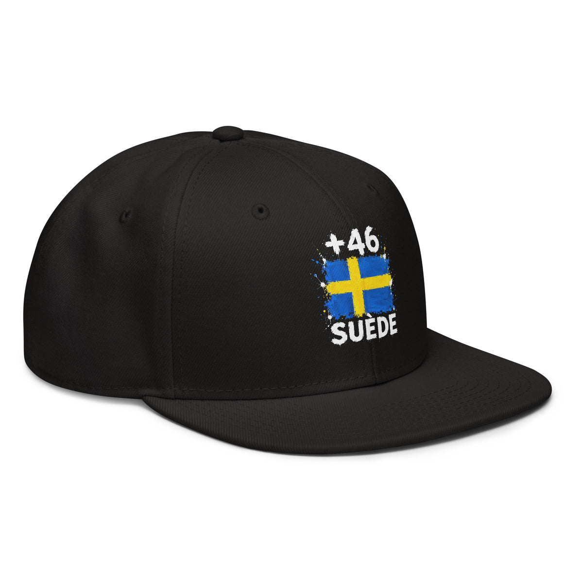 Snapback Suède +46 - Noir avec drapeau floqué effet éclaboussure de peinture - vue de trois-quarts droit - Indicatif Fier