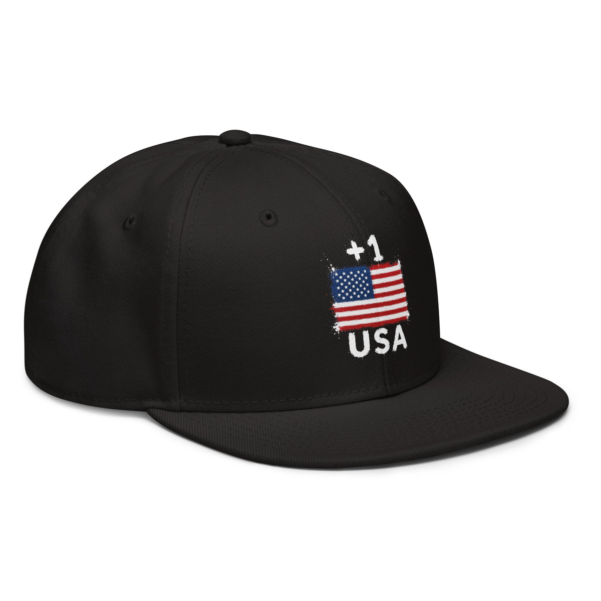 Snapback USA +1 avec drapeau floqué effet éclaboussure de peinture - vue de trois-quarts droit - Indicatif Fier