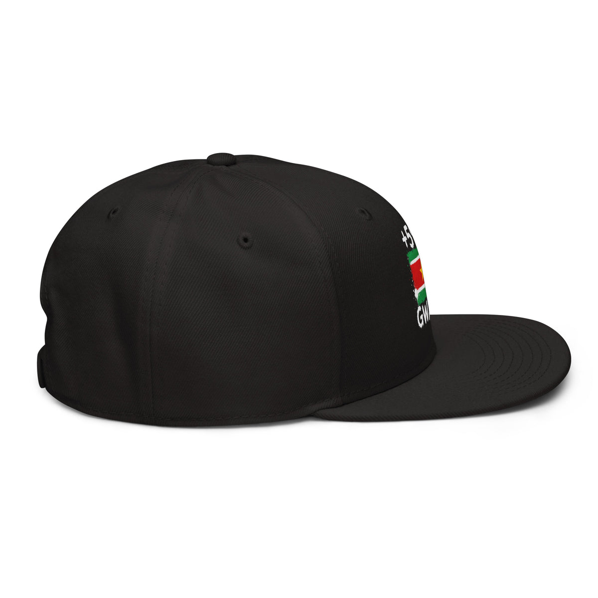 Snapback Guadeloupe +590 - Noir avec drapeau floqué effet éclaboussure de peinture - vue de profil droit - Indicatif Fier