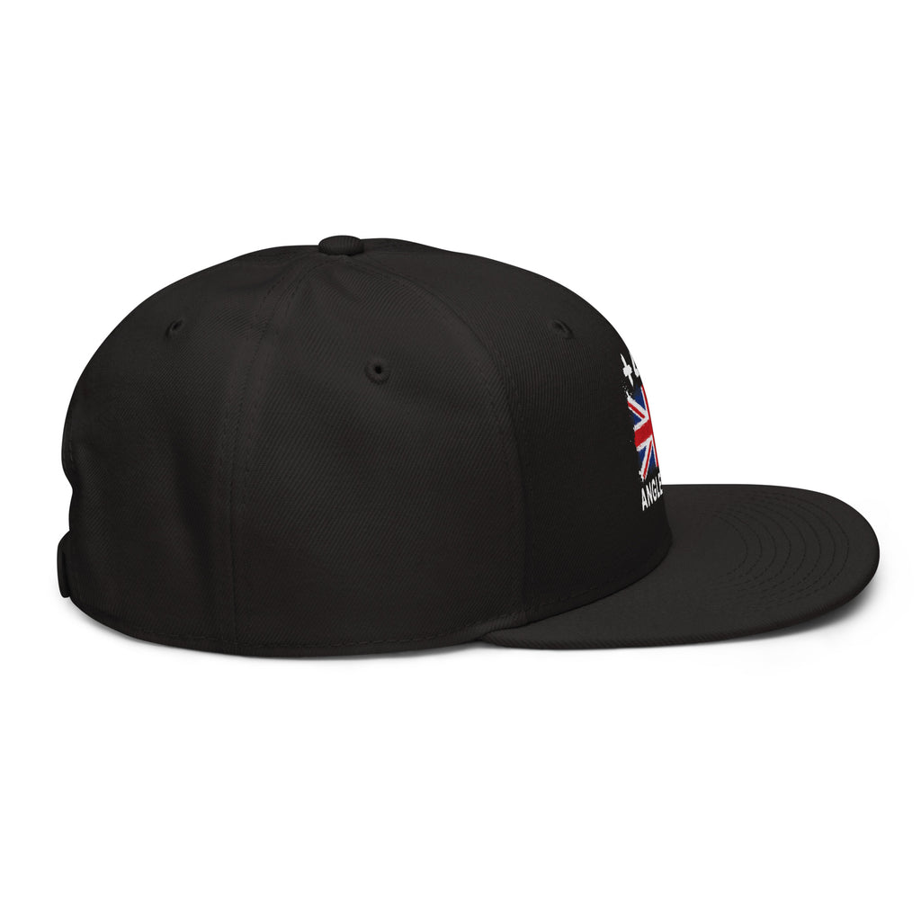 Snapback Angleterre +44 avec drapeau floqué effet éclaboussure de peinture - vue de profil droit - Indicatif Fier