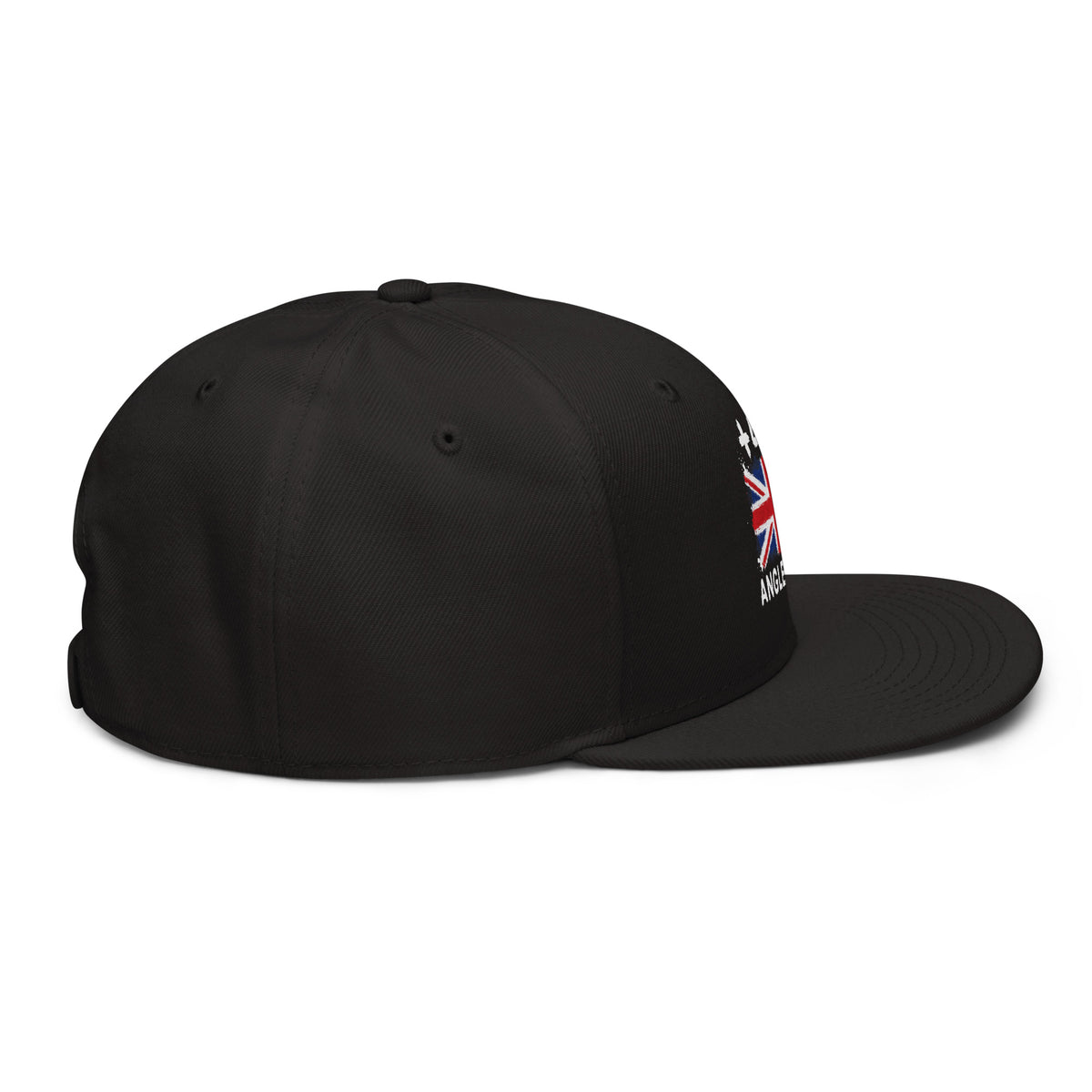 Snapback Angleterre +44 avec drapeau floqué effet éclaboussure de peinture - vue de profil droit - Indicatif Fier